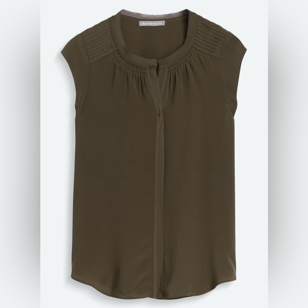 Daniel Rainn Beacon Pintuck Detail Silk Blouse, Olive - Size XL